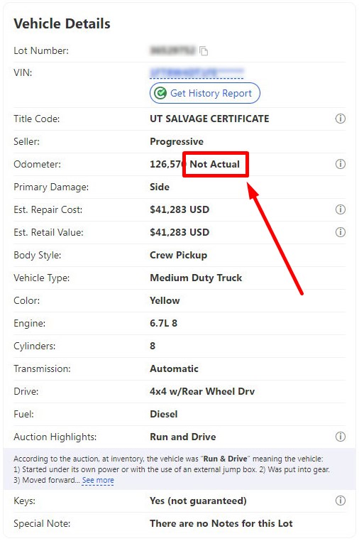 Odometer reading is not the actual on sale mileage